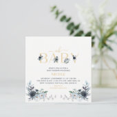 Invitation Carré de Baby shower Floral Navy & Gold Boho (Debout devant)