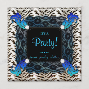 Invitation Carré de bleu d'invitation de dentelle de zèbre de