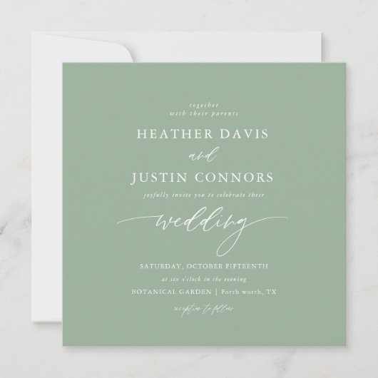 Invitation Carré de calligraphie rustique Sage Green Mariage (Devant)