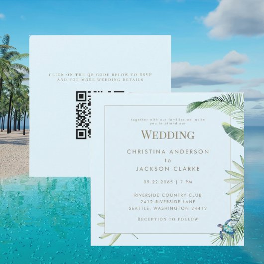 Invitation Carré de code QR de mariage Tortue de mer bleue tr