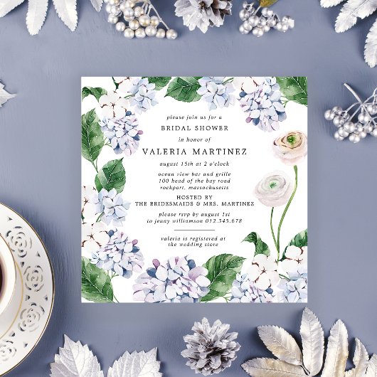 Invitation Carré de Fête des mariées Blue Hydrangea White Ros