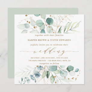 Invitation Carré de Mariage Botanique Gold et Green Elegant