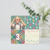 Invitation Carré de motif patchwork vert Photo garçon Anniver (Debout devant)