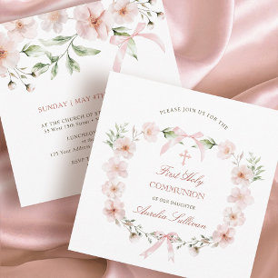 Invitation Carré de première communion rose pâle