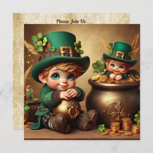 Invitation Carré de St Patrick's Pot of Gold Boy Leprechaun (Devant / Derrière)