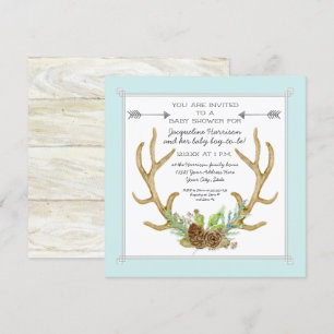 Invitation Carré Deer Antler Pine Cone Ferns Baby Boy Douche