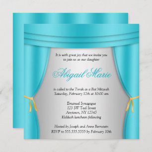 Invitation Carré du Bat mitzvah Turquoise de rideau d'argent 