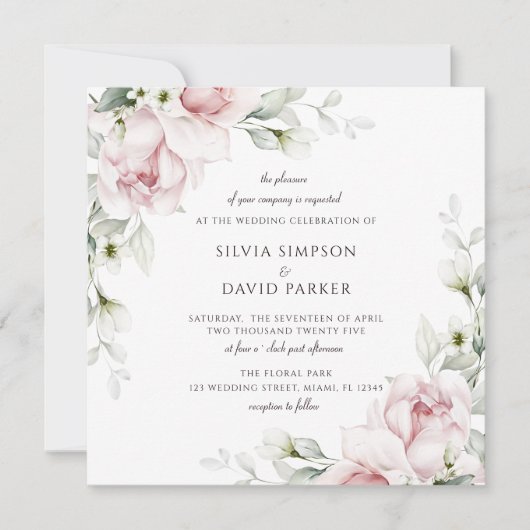 Invitation Carré floral | Aquarelle Roses roses roses (Devant)
