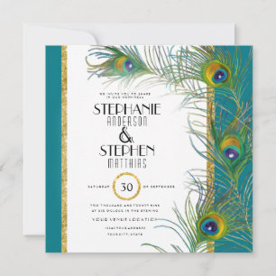 Invitation Carré Gold Peacock Feather Typographie moderne