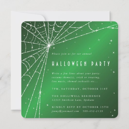 Invitation Carré Green Sparkling Spider Web Halloween Party (Devant)