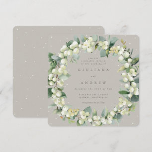 Invitation Carré Greige Snowberry+Eucalyptus Wreath Mariage