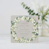 Invitation Carré Greige Snowberry+Eucalyptus Wreath Mariage (Debout devant)