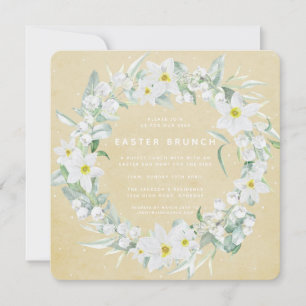 Invitation Carré Jaune + Blanc Floral Wreath Brunch de Pâques