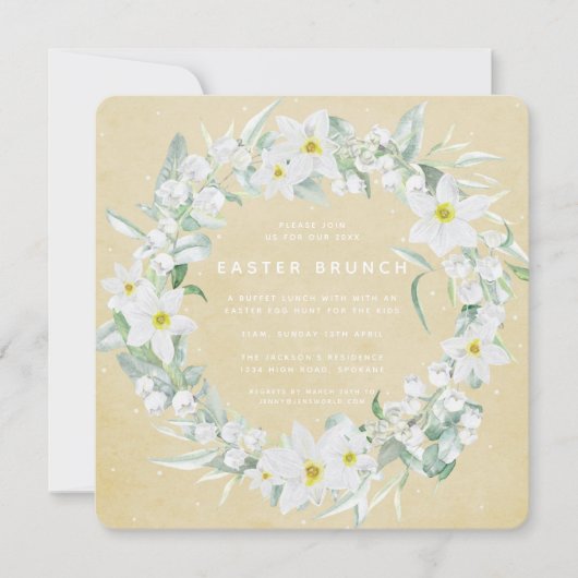 Invitation Carré Jaune + Blanc Floral Wreath Brunch de Pâques (Devant)