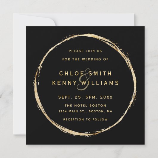 Invitation Carré Mariage Black Rustic Gold Circle (Devant)