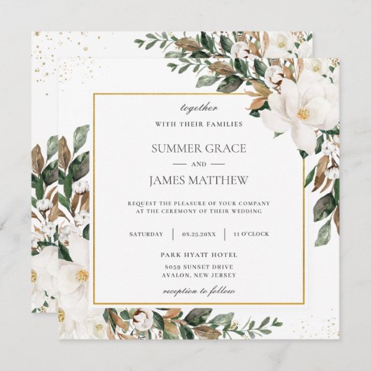 Invitation Carré Mariage chic Magnolia Floral Greenery (Devant / Derrière)