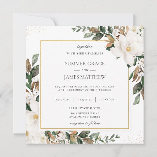 Invitation Carré Mariage chic Magnolia Floral Greenery (Devant)