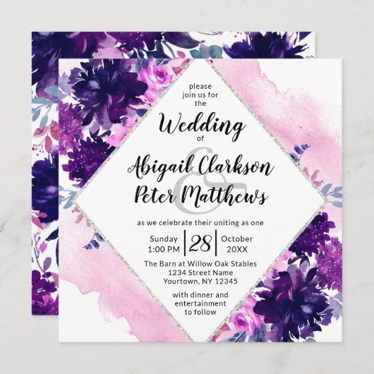 Invitation Carré Mariage d'aquarelle violet floral enchanté (Devant / Derrière)