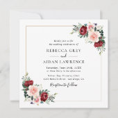 Invitation Carré Mariage floral or bleu bordeaux simple (Devant)