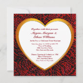 Invitation Carré Mariage Gold Heart Frame & Red Fabric (Devant)