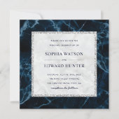 Invitation Carré Mariage Marbre blanc bleu marine (Devant)