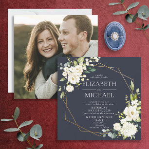 Invitation Carré Marine Bleu Or Géométrique Blanc Floral Phot