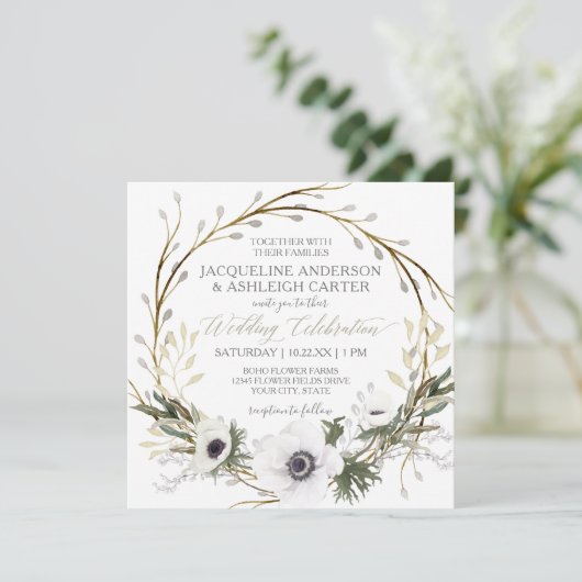 Invitation Carré Moderne Anémone Twig Fern Eucalyptus Wreath (Debout devant)