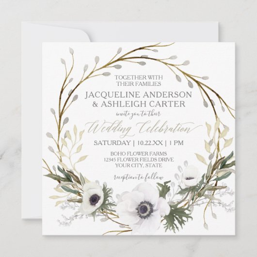Invitation Carré Moderne Anémone Twig Fern Eucalyptus Wreath (Devant)