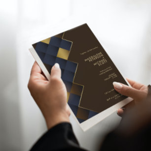 Invitation Carré moderne Bleu Brown Motif or   MARIAGE