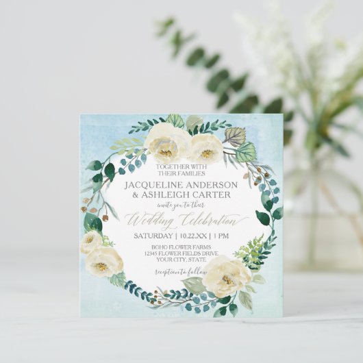 Invitation Carré Moderne Bleu n Rose Blanche Eucalyptus Wreat (Debout devant)