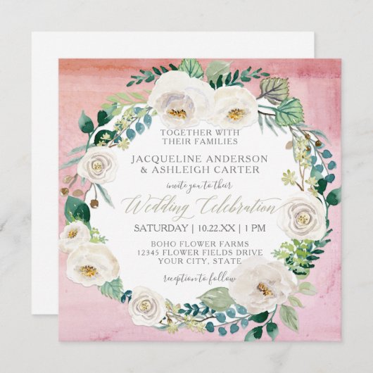 Invitation Carré Moderne Blush en Rose Blanche Eucalyptus Wre (Devant / Derrière)