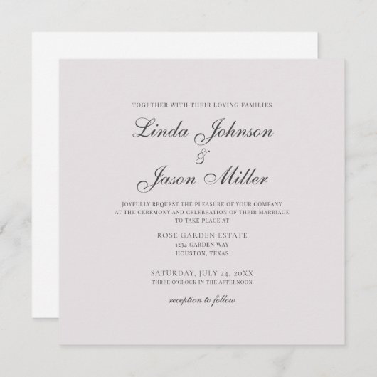 Invitation Carré moderne classique Mariage rose pâle  (Devant / Derrière)
