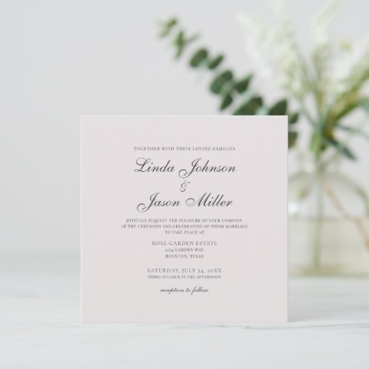 Invitation Carré moderne classique Mariage rose pâle  (Debout devant)