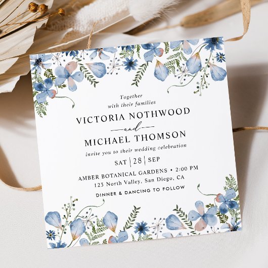 Invitation Carré moderne Fleurs bleues Mariage