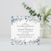 Invitation Carré moderne Fleurs bleues Mariage (Debout devant)
