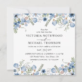 Invitation Carré moderne Fleurs bleues Mariage (Devant)