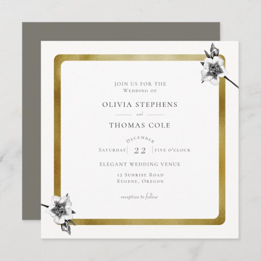 Invitation Carré moderne Noël or Noël Rose Mariage de Noël (Devant / Derrière)