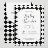 Invitation Carré noir et blanc Argyle genre neutre (Devant / Derrière)