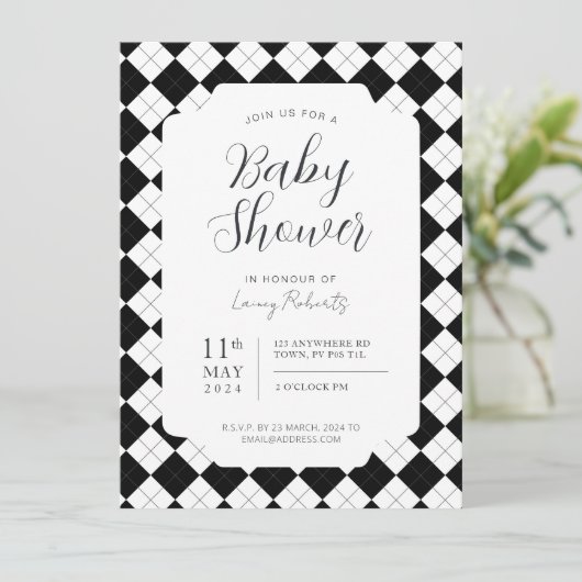Invitation Carré noir et blanc Argyle genre neutre (Debout devant)