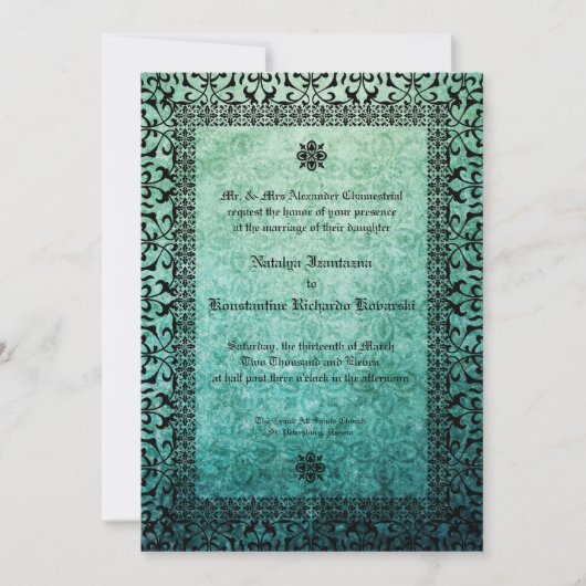 Invitation Carré Ornate Green Damask Mariage gothique Invitat (Devant)