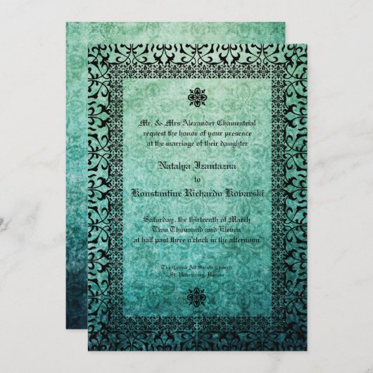 Invitation Carré Ornate Green Damask Mariage gothique Invitat (Devant / Derrière)