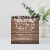 Invitation Carré photo Rustic Wood String Lumières Mariage ph (Debout devant)