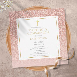 Invitation Carré pour la Première Communion en rose gold pail