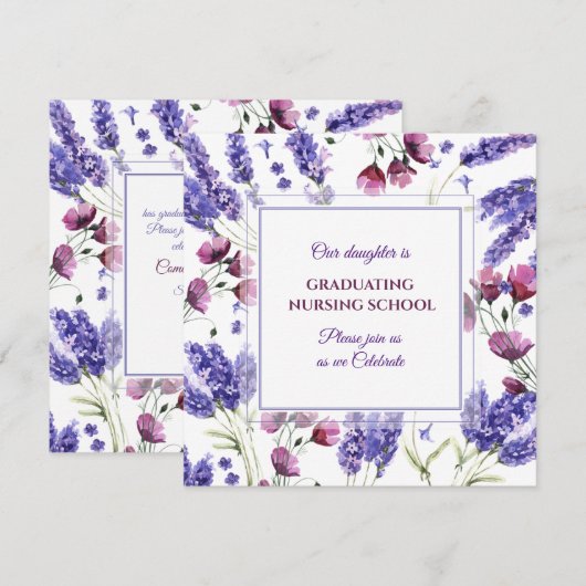 Invitation Carré Purple Aquarelle Fleurs Graduation (Devant / Derrière)
