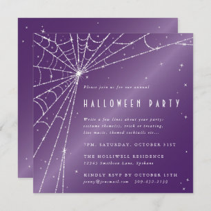 Invitation Carré Purple Sparkling Spider Web Halloween Party