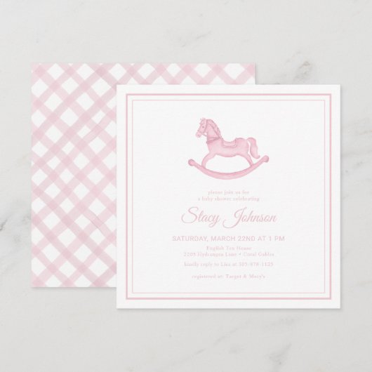 Invitation Carré Rose Rocking Horse Girl Baby shower Invitati (Devant / Derrière)