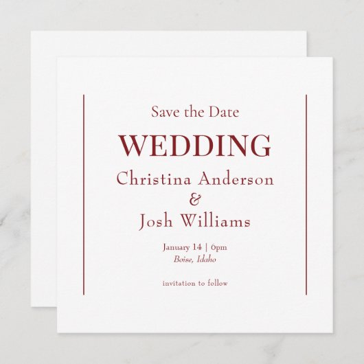 Invitation Carré Ruby Red Wedding Enregistrer la date (Devant / Derrière)