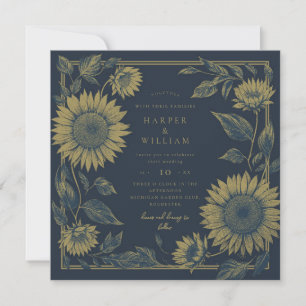 Invitation carré tournesol marine jaune mariage
