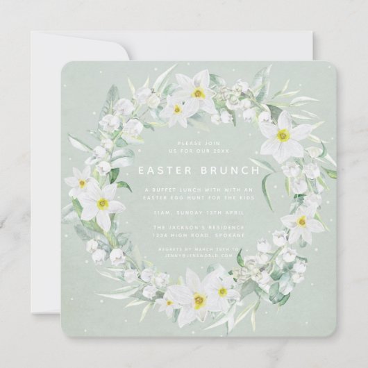 Invitation Carré Vert + Blanc Floral Wreath Brunch de Pâques (Devant)