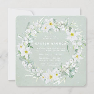 Invitation Carré Vert + Blanc Floral Wreath Brunch de Pâques